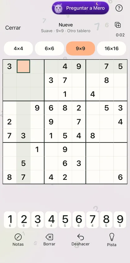 Nueve en la app: un tablero 9×9 «Suave» recién empezado, con el botón violeta Preguntar a Mero en la barra superior.