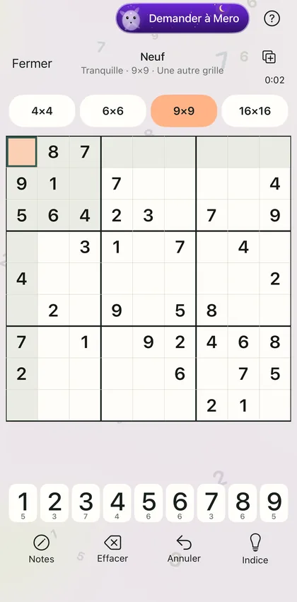 Neuf dans l’app : une grille 9×9 « Tranquille » qui commence, avec le bouton violet Demander à Mero dans la barre du haut.